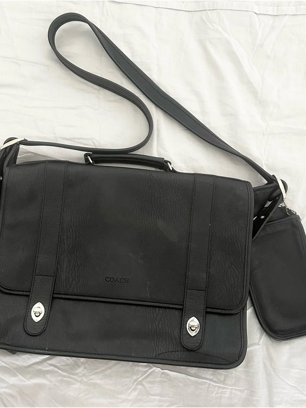COACH Black Leather Messenger Bag with Removable Pouch